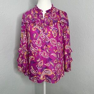Democracy Magenta Paisley Ruffle Sleeve Boho Womens Size Small